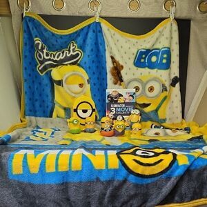 Minions LOT Fleece Blanket, lots of figures, 3 Movie Dvds bundle